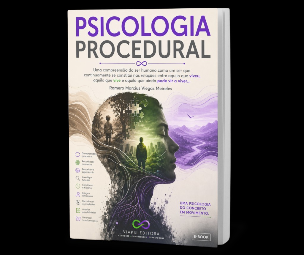 Mockup 3D da capa do e-book Psicologia Procedural, de Romero Marcius Viegas Meireles. Silhueta de um perfil com paisagens do que viveu, do que vive e do que ainda pode vir a viver. ViaPsi Editora.